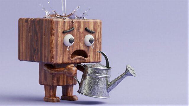 Wooden block character with watering can, drenched and crying under water splash.