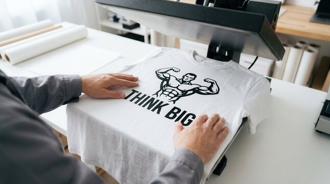 Professional heat transfer t-shirt printing process with custom graphic design.