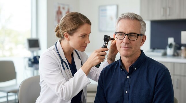 A female doctor using an otoscope for an ear examination during an otolaryngology checkup.