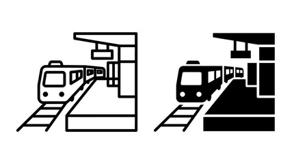 Modern train arriving at a station platform, shown in both outline and silhouette styles. © ANTONW_