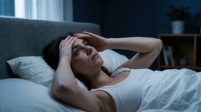 Depressed young woman lying in bed experiencing insomnia and anxiety at night.