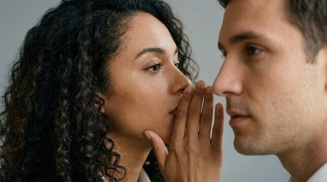 Close up of a professional woman whispering to her colleague in an office setting.