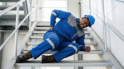 Fototapeta premium Male construction worker experiencing back pain on stairs