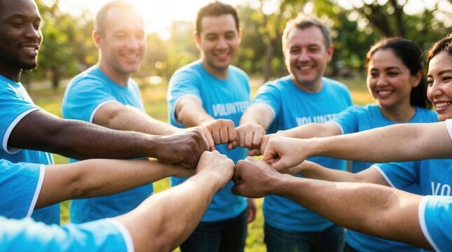 A group of charity volunteers joining hands in a circle of teamwork.
