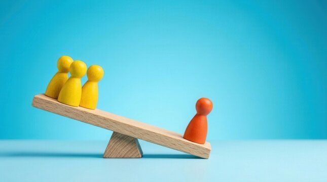 Red and yellow pawn figures on a wooden seesaw demonstrating imbalance.