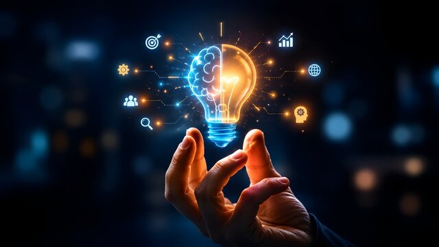 Hand holding glowing lightbulb with half human brain and floating tech icon. Concept of artificial intelligence and creative brainstorming.