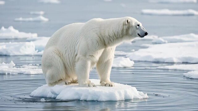 A lone polar bear on a small ice floe in the Arctic.