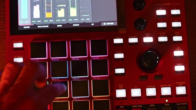 A musician's hand taps rhythmically on the illuminated RGB pads of a digital music sampler during a session. Concept of electronic music production, creative beatmaking, and audio tech.