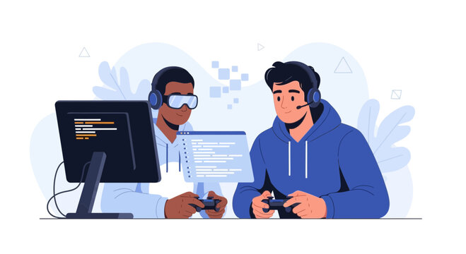 Young men with headphones and VR headset playing video games and coding on computers, teamwork concept