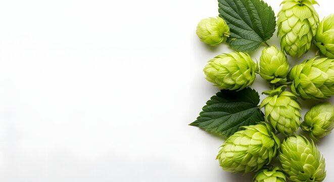 Green hop cone and leaf on white background
