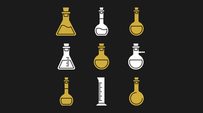 Gold and white chemistry flask icons on black background. Minimalist science beaker vector illustration.