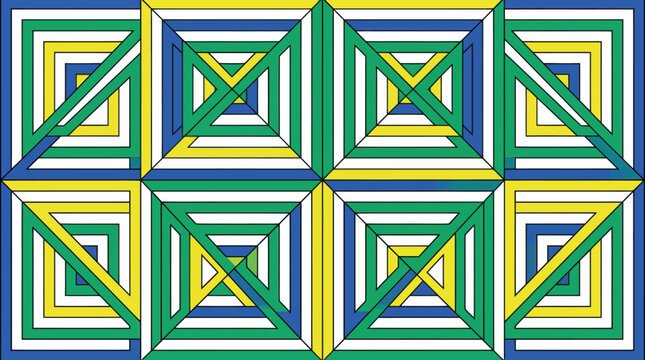 Geometric square pattern with blue, green, and yellow nested lines