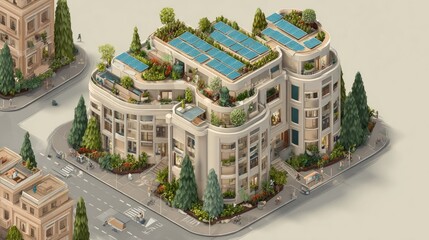 Fototapeta premium Luxury green apartment building with solar panels.