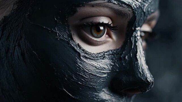 A close-up focusing on the eyes and lashes of a person with a mud facial mask applied. The mask has partially dried, showing texture and contrast against the skin's tone.