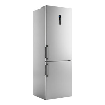 premium metallic silver combi refrigerator with recessed handles and blue LED panel, on a seamless transparent studio background with diffused lighting, concept of modern appliance design