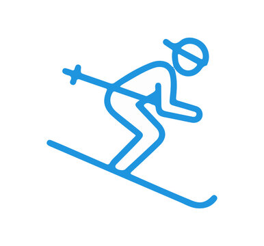 A blue line drawing of a skier in motion on skis with poles