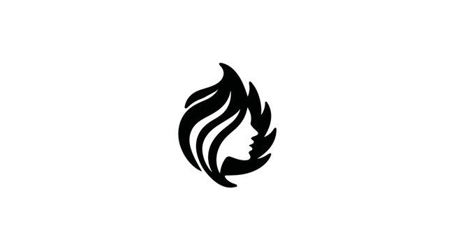 Elegant abstract graphic design: profile of a woman's face with flowing hair integrated into a stylized organic flame or leaf shape logo