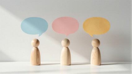 Obraz premium Three wooden figures with colorful speech bubbles, symbolizing communication or dialogue.