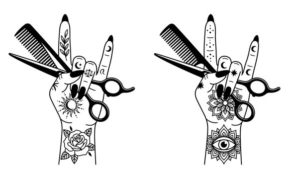 Detailed black ink line art illustrations of hands holding scissors and combs featuring celestial and floral tattoos beauty salon barber styling hair cut hairdressing creative