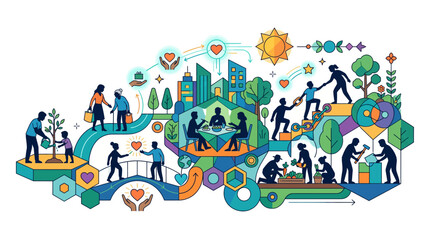 Fototapeta premium Illustration of people engaging in eco friendly activities.