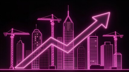 Naklejka premium Pink neon cityscape with upward arrow symbolizing growth and development against a dark background.
