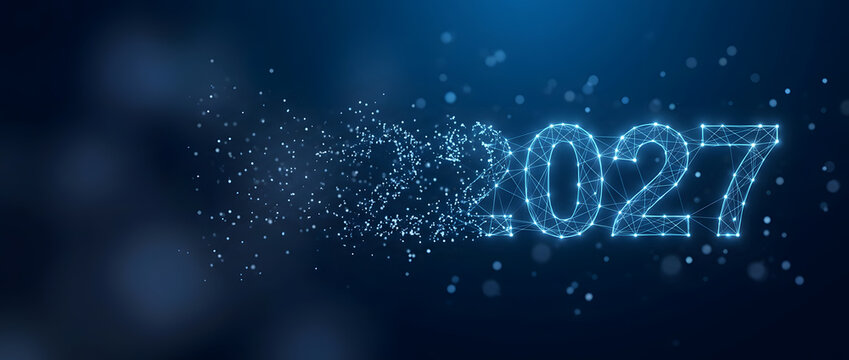 Glowing 2027 text made of wireframe polygon and dot constellation on dark blue background