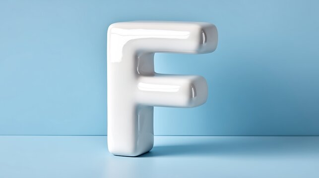 White ceramic letter F figure on pastel background with soft shadows, minimalist studio photography and clean modern aesthetic.