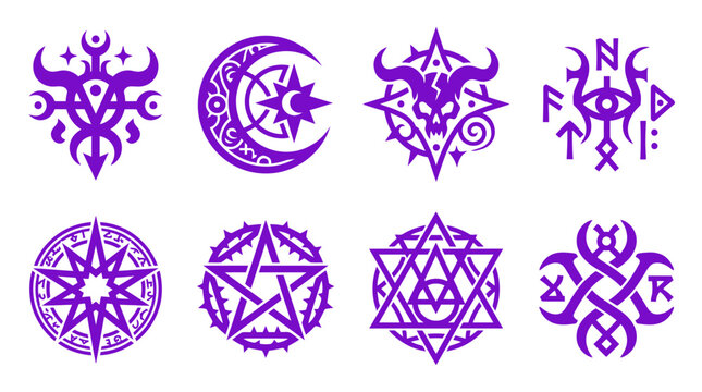 Collection of purple mystical sigils and magic circle icons.