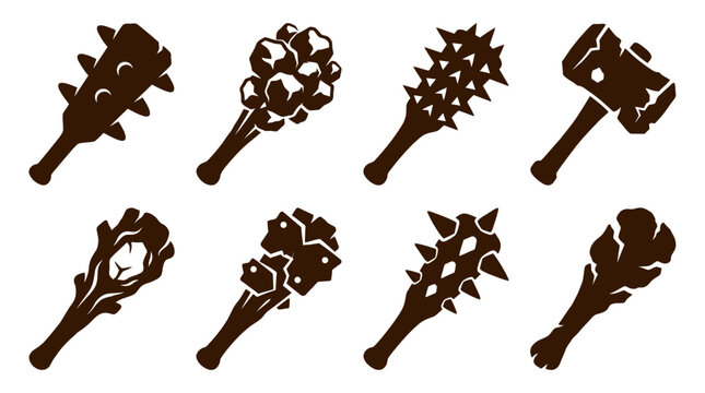 Brown primitive club and mace weapon icon set.