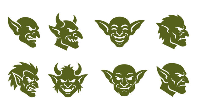 Green goblin and elf head profile silhouette set.