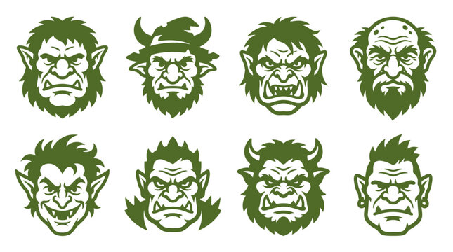 Green goblin and orc head avatar silhouette set.