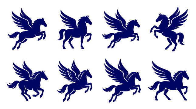 Blue pegasus winged horse silhouettes for brand logos.