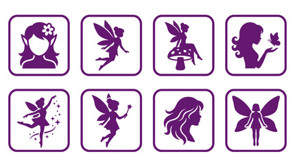 Purple fairy portrait and figure silhouette icons.