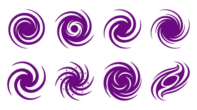 Purple cosmic galaxy and spiral vortex icon collection.