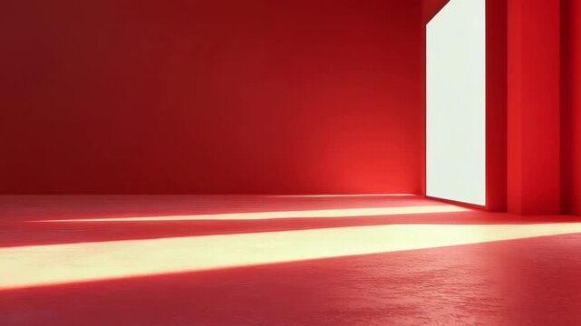 A brightly lit indoor space with red tones and shadowy areas casting onto the floor