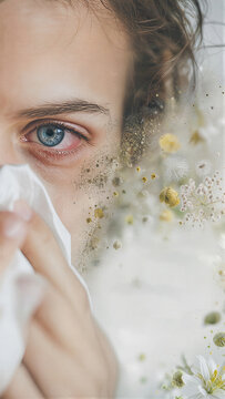 Woman suffering from seasonal allergy and sneezing into tissue. Red irritated eye with pollen and flower particles around face for World Allergy Day. Health and medical illness concept.