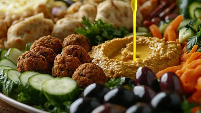 Freshly prepared hummus garnished with olive oil, surrounded by plump falafels, ripe olives, crunchy vegetables on a white plate.