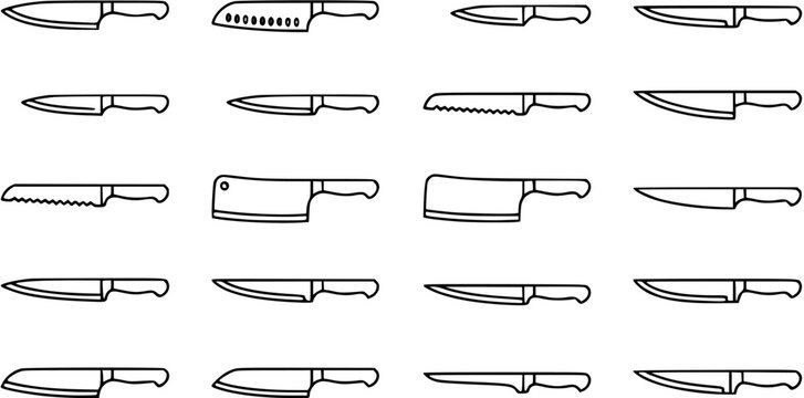 Black and White Line Art Icons of Various Kitchen Knives and Chef's Knives, Food Industry Stock Asset