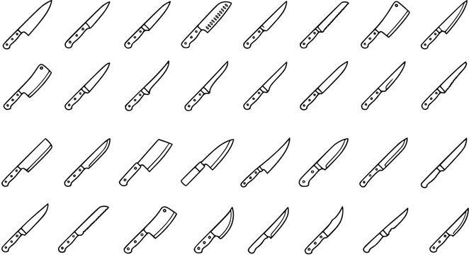 Black and White Line Art of Assorted Kitchen Knives, Vector Illustration