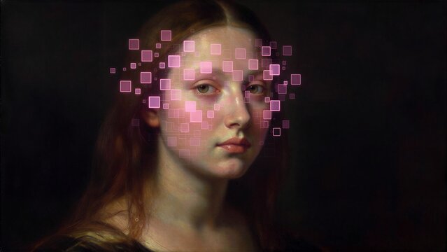 A woman's face partially obscured by glowing pink digital pixels against a dark background.