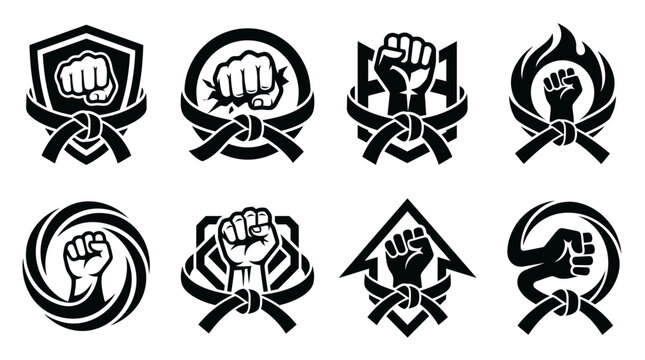 Martial arts fist and karate belt emblems.