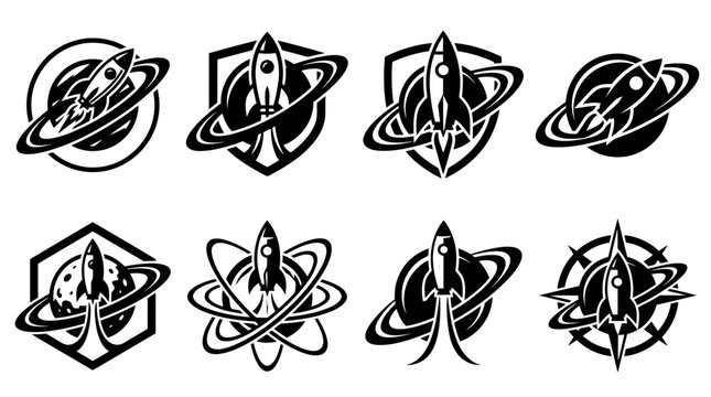 Rocket launch and space exploration emblem set