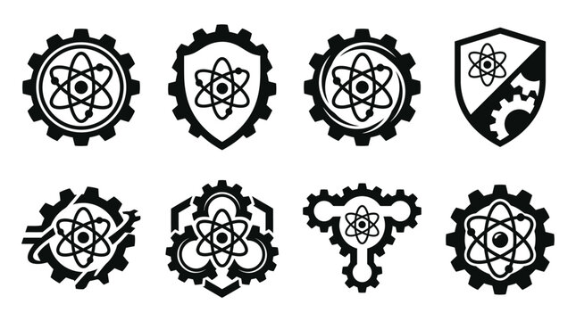 Scientific atom and mechanical gear symbol collection.