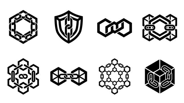 Blockchain technology and chain link geometric icons.