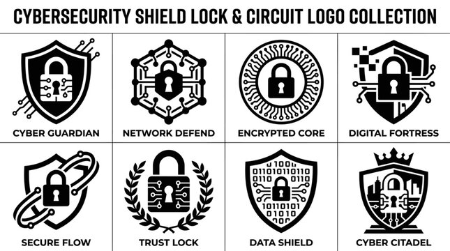 Cybersecurity shield lock and circuit logos with text tags.