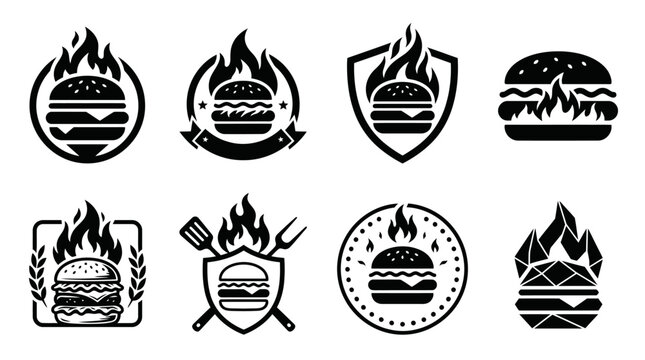 Flaming burger and grill logos for fast food restaurants.
