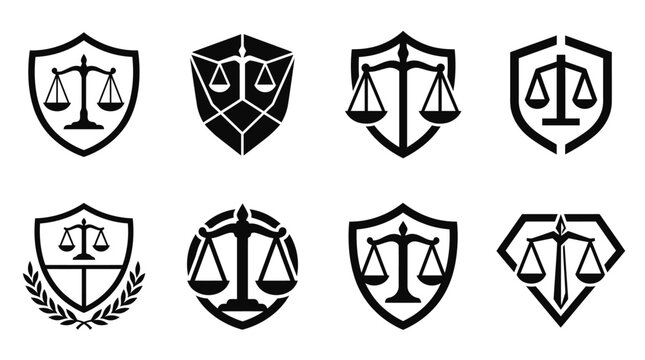 Legal logos with scales of justice and shields.