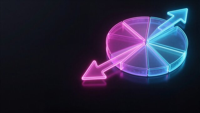 Neon pink and blue arrows point to a glowing, segmented circular chart against black.