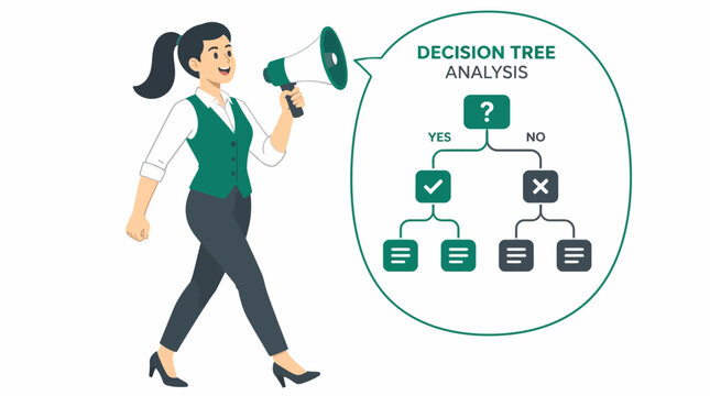 Woman with megaphone and decision tree analysis diagram.
