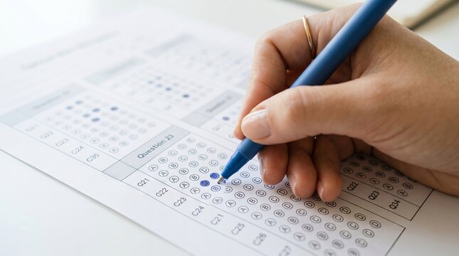 Woman filling out an exam sheet with a blue pen. Student marking answers on a standardized test form. Academic evaluation, school testing concept, educational assessment process